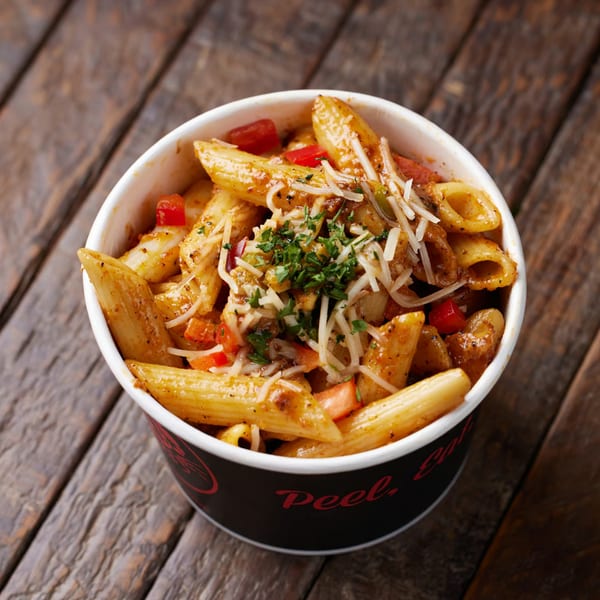 Penne pasta with red sauce, bell peppers, and shredded cheese in a Crab N Spice cup.